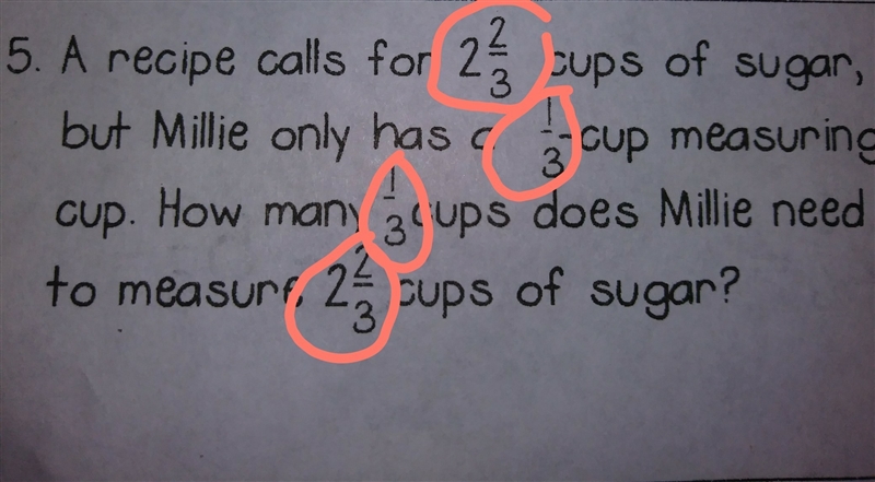 A recipe calls for 2 2/3 cups of sugar but Millie only has a 1/3 cup of measuring-example-1