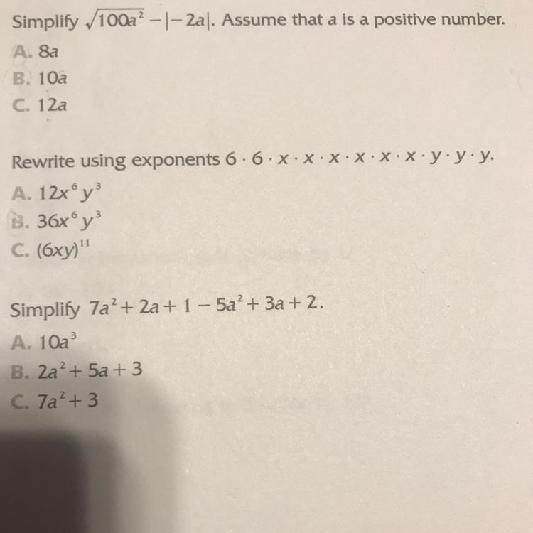 Simplify √100a² - | -2a |. Assume that "a"is a positive number. A. 8a B-example-1