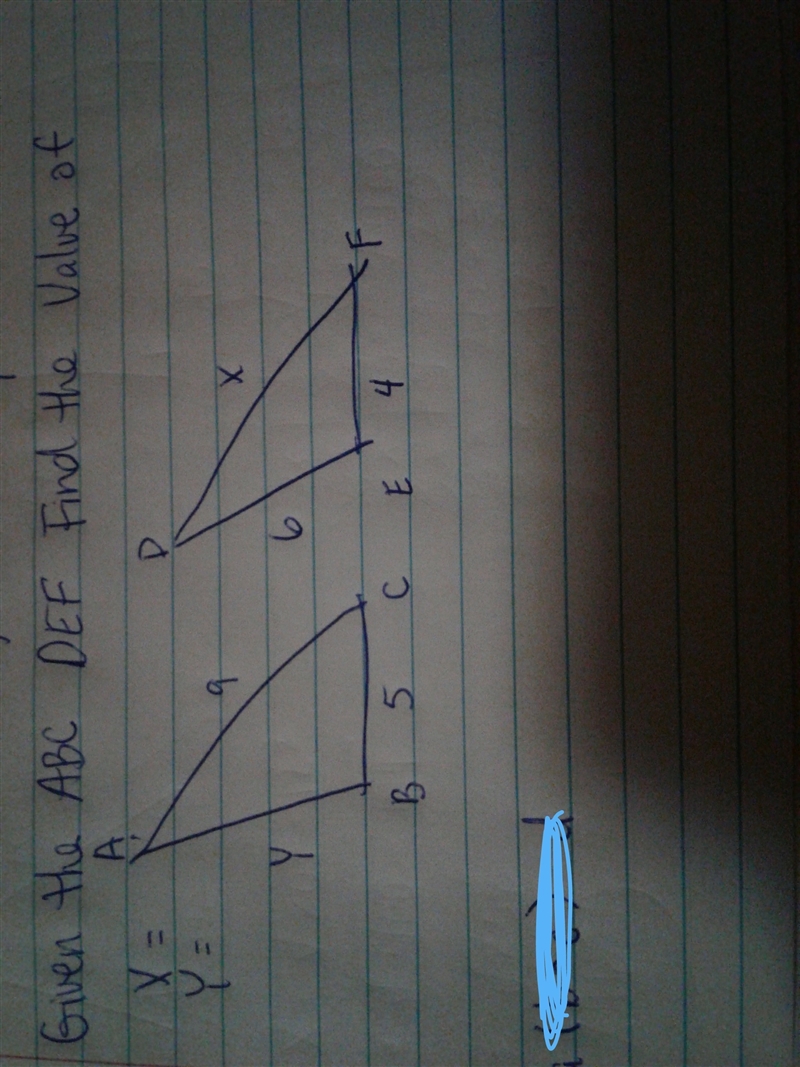 Given the ABC DEF find the value of x and y-example-1