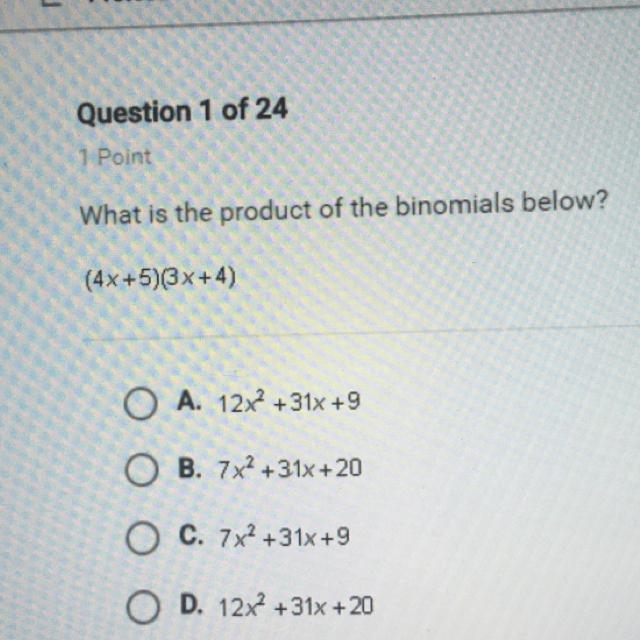 What is the product of the binomials below? (4x+5)(3x +4)-example-1