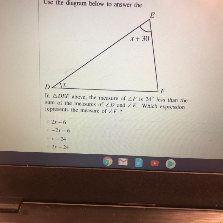 In triangle DEF above, the measure angle F is 24 less than the sum of the measure-example-1