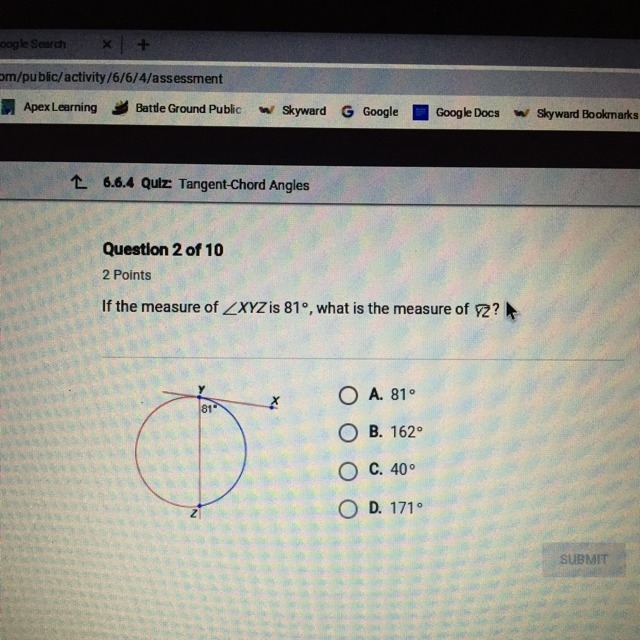 If the measure of XYZ is 81 what is the measure of YZ-example-1