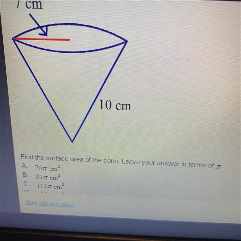 Find the surface area of the cone. Leave your answer in terms pi-example-1