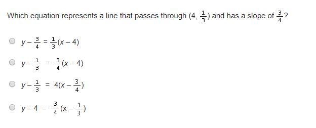 Which equation represents a line that passes through (4, left-parenthesis 4, StartFraction-example-1