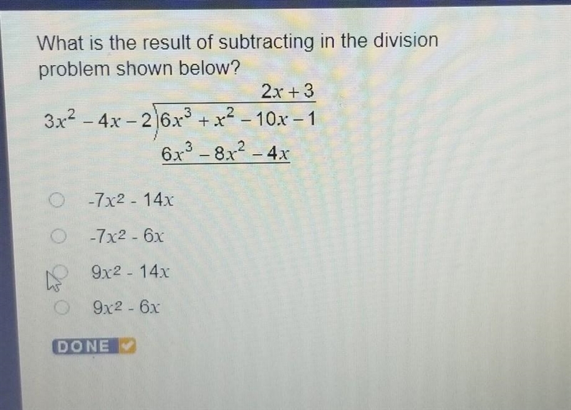 What is the result of subtracting in the division problem shown below? - 2x + 3 3x-example-1