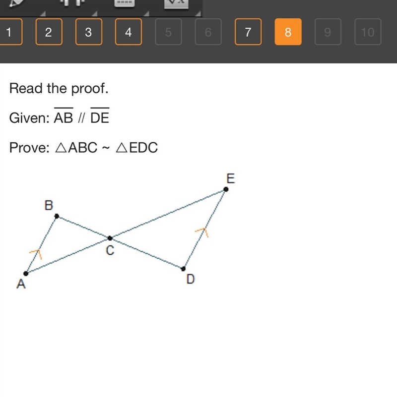 Prove ABC~EDC ? AA similarity theorem ASA similarity theorem AAS similarity theorem-example-1