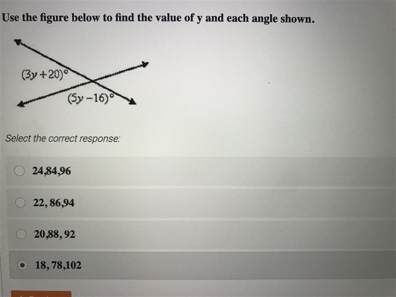 Use e figure below to find the value of y and each angle shown.-example-1