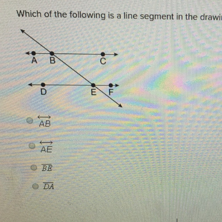 Which of the following is a line segment in the drawing that connects two parallel-example-1