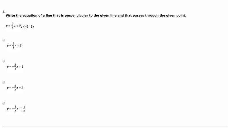 Write the equation of a line that is perpendicular to the given line and that passes-example-1