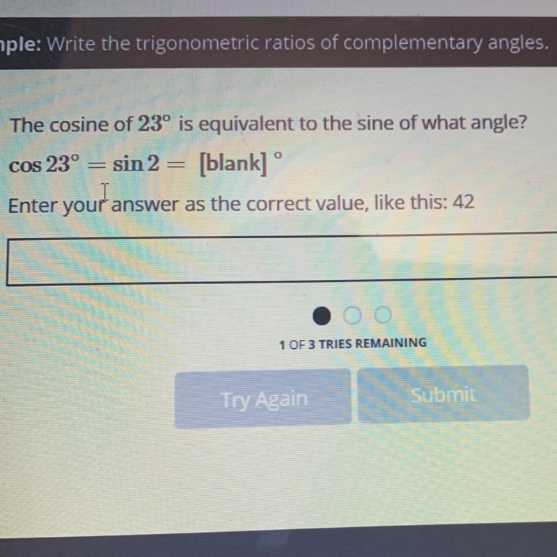 The cosine of 23° is equivalent to the sine of what angle-example-1