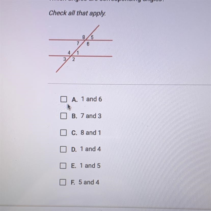 Which angles are corresponding angles?-example-1