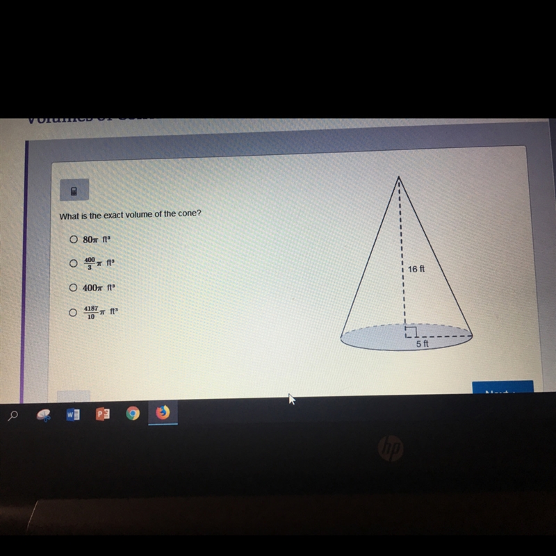 PLEASE HELP ASAP: What is the exact volume of the cone?-example-1