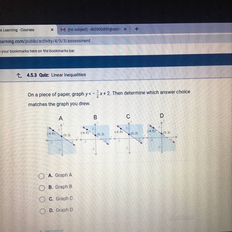 on a piece if paper graph y <-3/4x +2 Then determine which answer choice matches-example-1