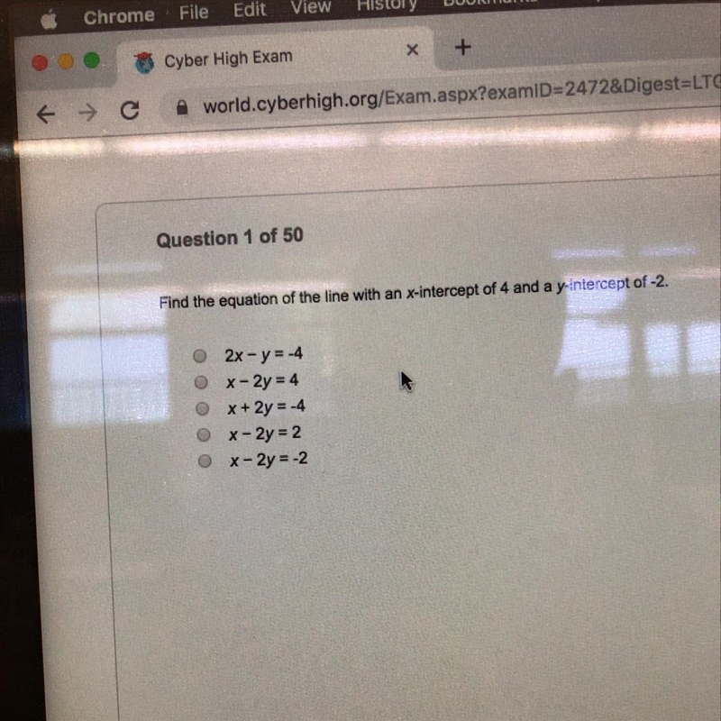 Find the equation of the line with an x-intercept of 4 and a y-intercept of -2.-example-1