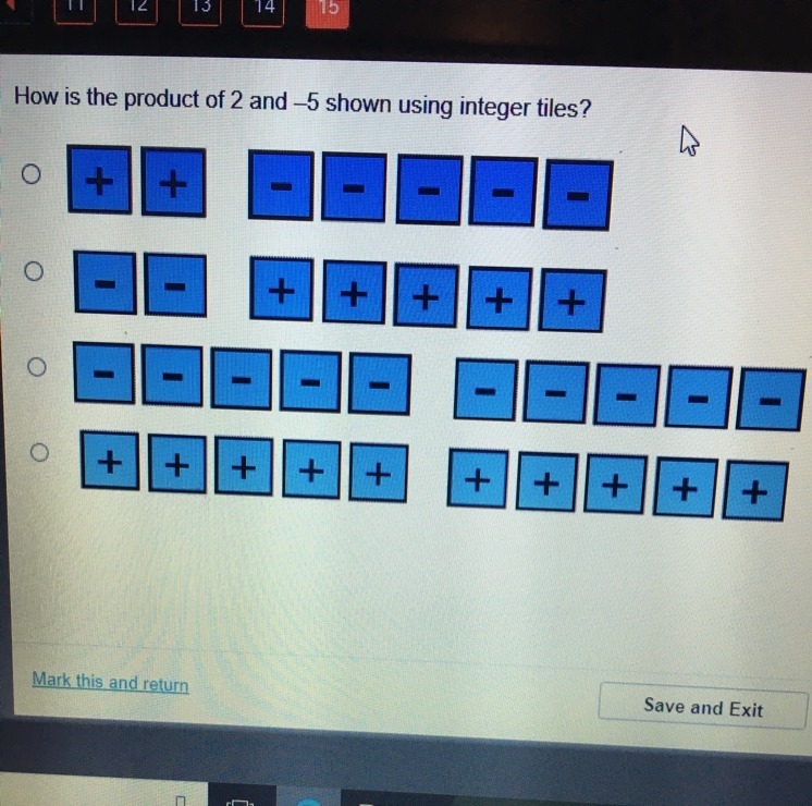 How is the product of 2 and -5 shown using integer tiles ?-example-1