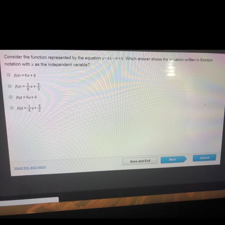 Consider the function represented by the equation y-6x-9=0. Which answer shows the-example-1