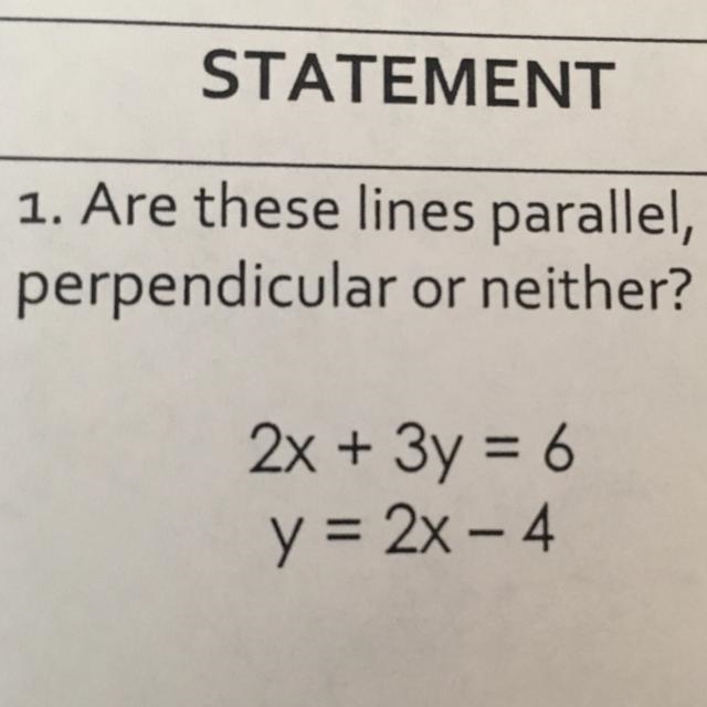 Are these lines parallel, perpendicular or neither??-example-1