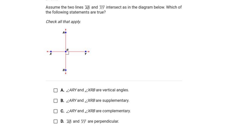 Assume the two lines ab and xy intersect as in the diagram below. which of the following-example-1