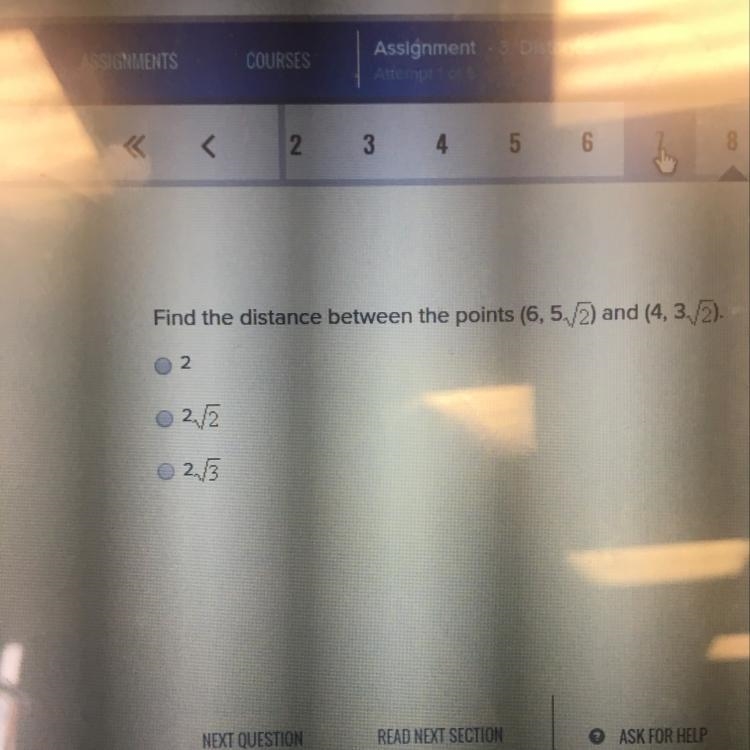 Find the distance between points (6,5 sqaure root 2) and 4,square root 3). Help ASAP-example-1