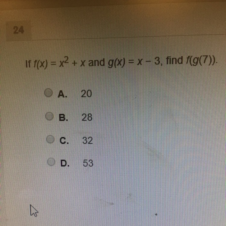 If f(x)=x^2+x and g(x)=x-3, find f(g(7)).-example-1