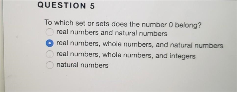 To which set or sets does the number 0 belong? real numbers and natural numbers Oreal-example-1