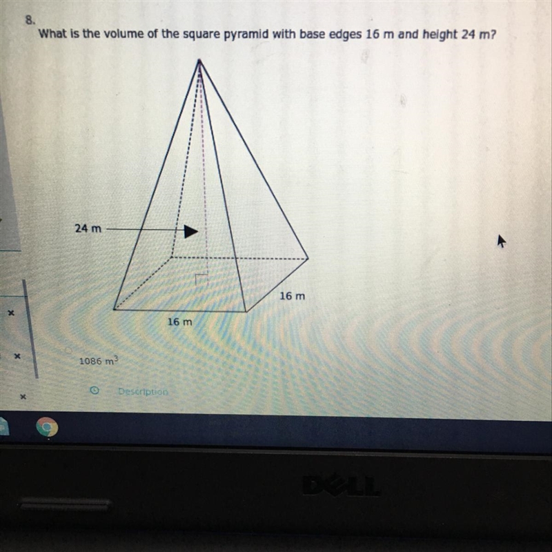 What is the volume of the square pyramid with base edges 16m and height 24m?-example-1