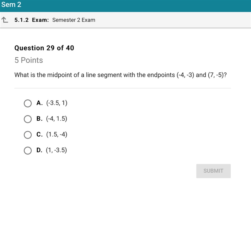 Whats the midpoint of a line segment with endpoints (-4 -3) (7 -5)?-example-1