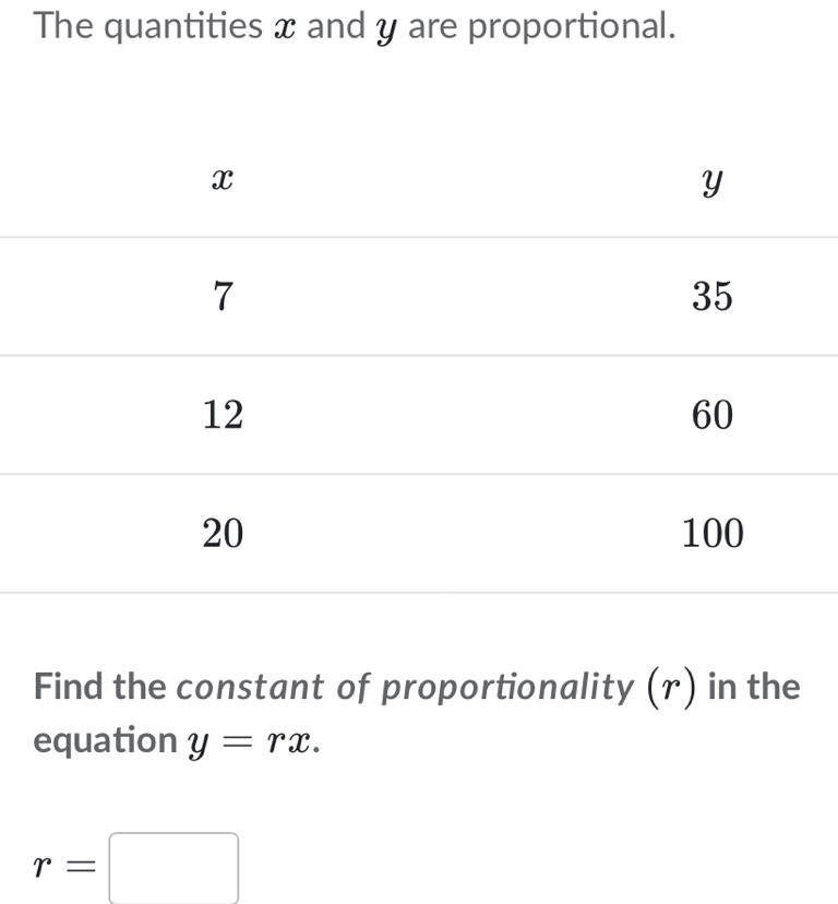 The quantities of X and y are proportional (7,35) (12,60) (20,100) find the constant-example-1