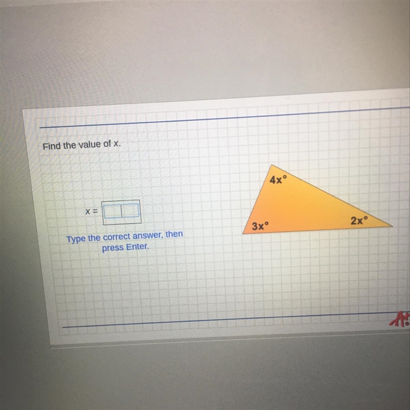 Find the value of x. 3xº 2xº Type the correct answer, then press Enter-example-1