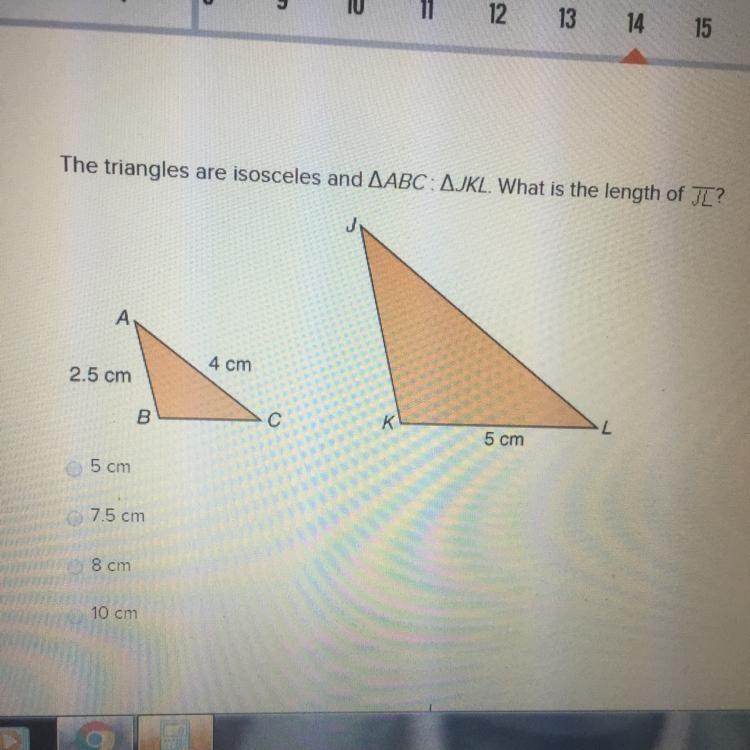 HELP IM TIMED The triangles are isosceles and ABC:JKL what is the length of JL-example-1