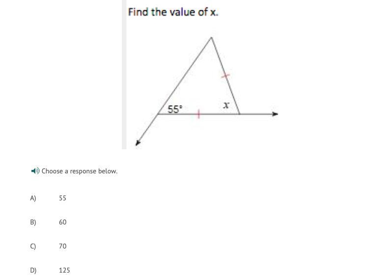 Choose a response below. A) 55 B) 60 C) 70 D) 125-example-1