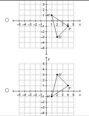 Triangle GFH has vertices G(2, –3), F(4, –1), and H(1, 1). The triangle is rotated-example-2