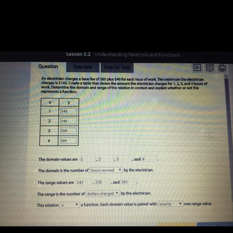 An electrician charges a base fee of $65 plus $40 for each hour of work. The minimum-example-1