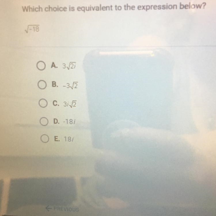 Which choice is equivalent to the expression below? Square root of -18-example-1