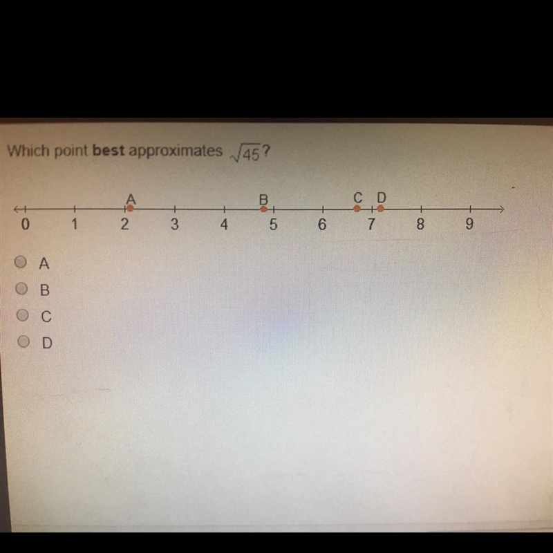 Which point best approximates the square root of 45?-example-1