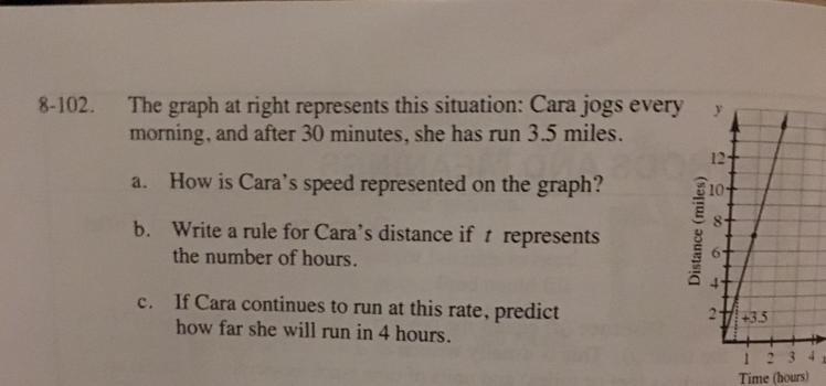 8-102. The graph at right represents this situation: Cara jogs every morning, and-example-1