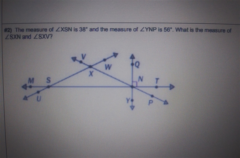 The measure of angle XSN is 38° and the measure of angle YNP is 56°. What is the measure-example-1