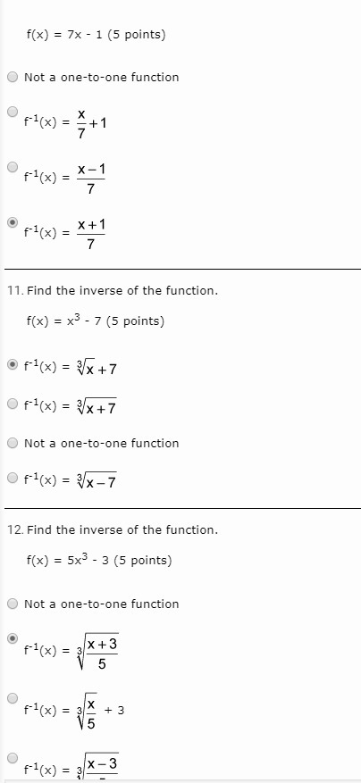 Q1 : Find the inverse of the function. f(x) = 7x - 1 (5 points) Q2 : Find the inverse-example-1