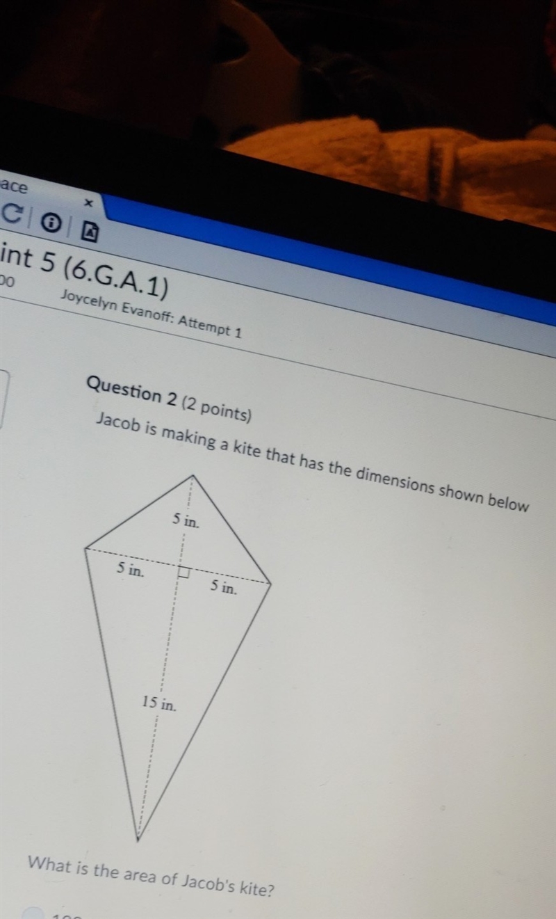 Jacob is making a kite that has the dimensions shown below whats the area of Jacobs-example-1