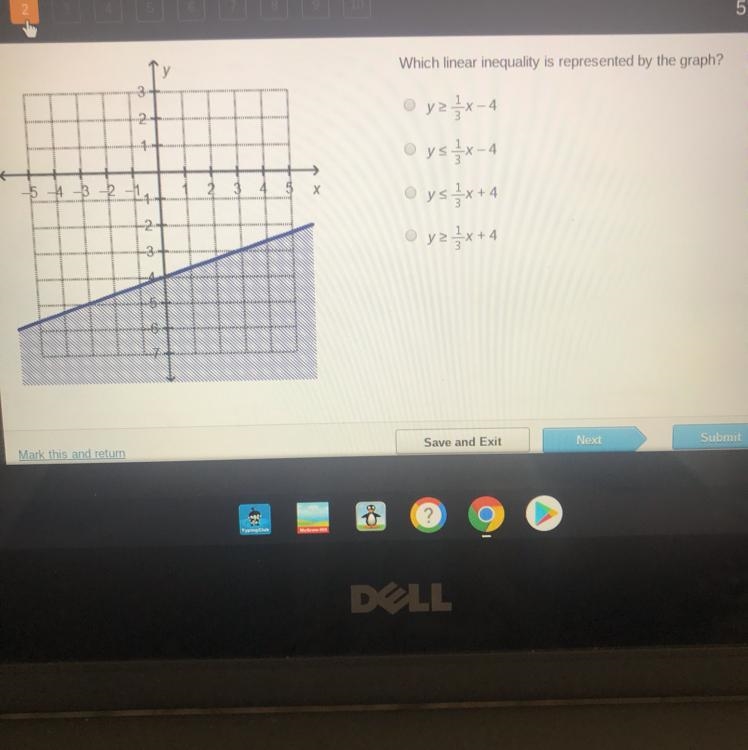 PLZZZ NEED HELP NOW!!!! Which linear equality is represented by the graph? A)y&gt-example-1