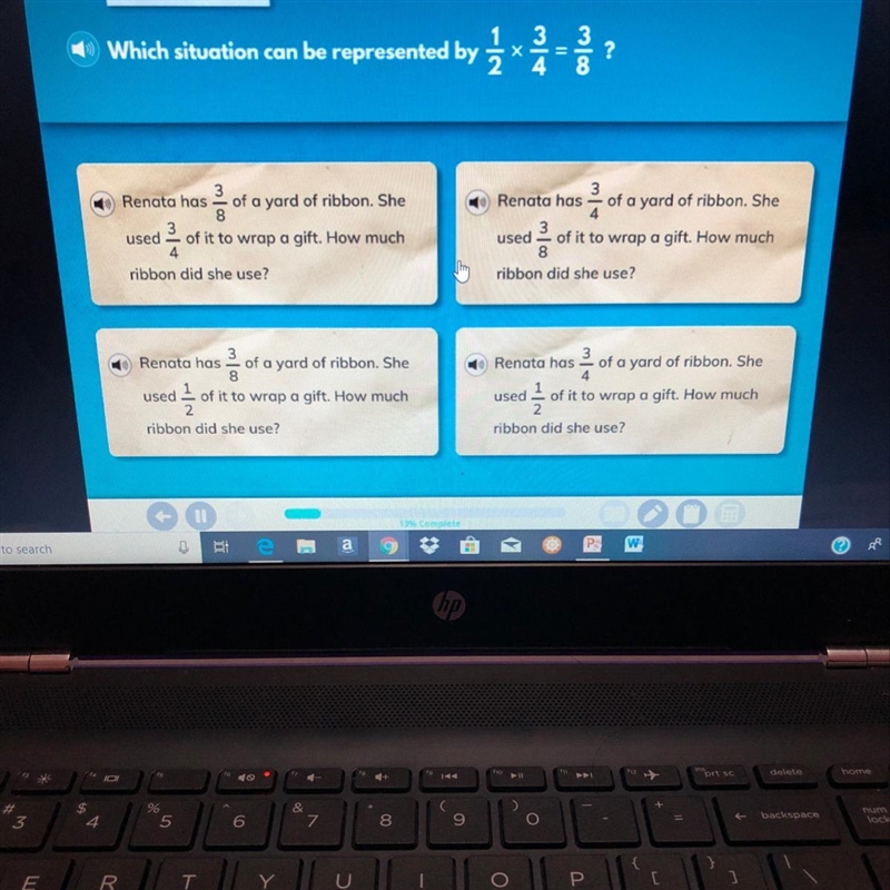 Which situation can be represented by 1/2x3/4=3/8-example-1