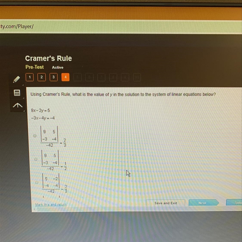 Using Cramer's Rule, what is the value of y in the solution to the system of linear-example-1