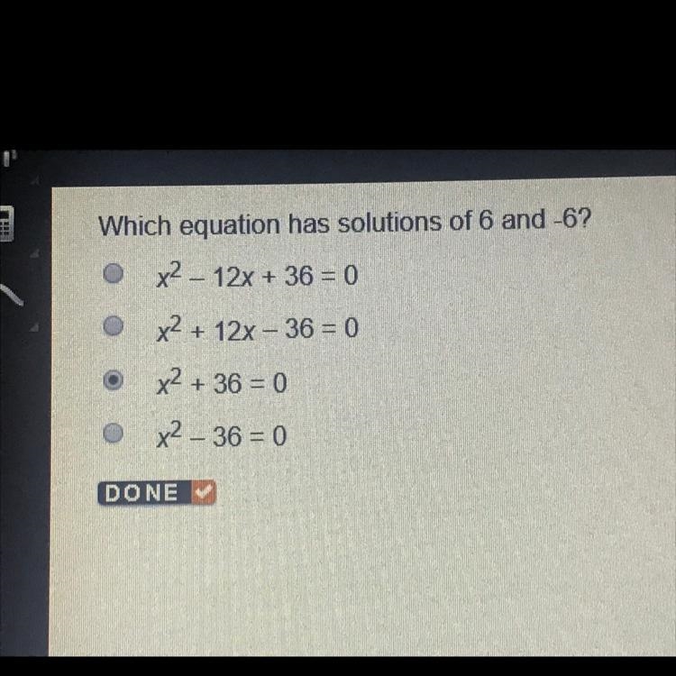 Which equation has solutions of 6 and -6?-example-1