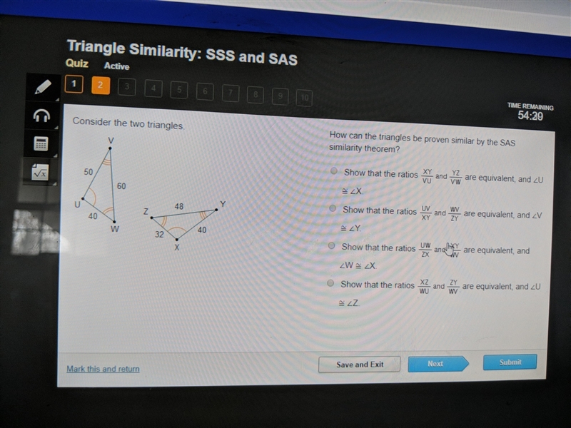 consider the two triangles how can the triangles be proven similar by the SAS similarity-example-1