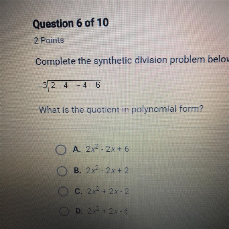 Complete the synthetic division problem below.-example-1