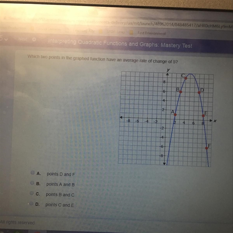 Which two points in the graphed function have an average rate of change of 5?-example-1