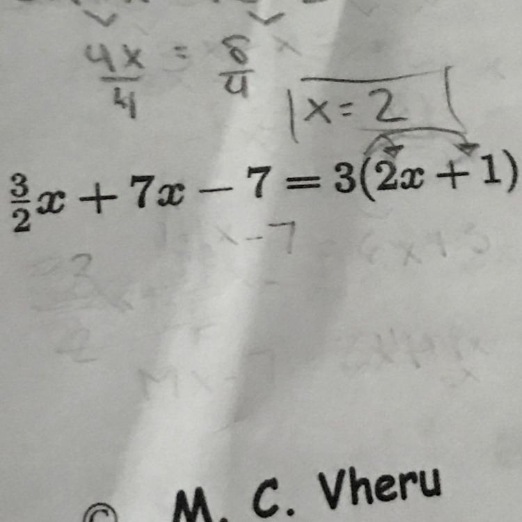 3/2x+7x-7=3(2x+1) how do you solve-example-1