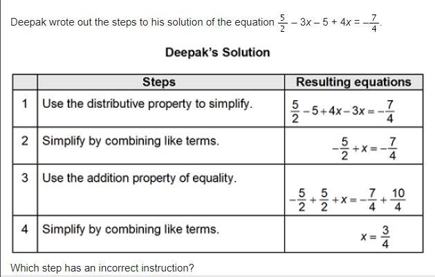 Deepak wrote out the steps to his solution of the equation StartFraction 5 Over 2 minus-example-1