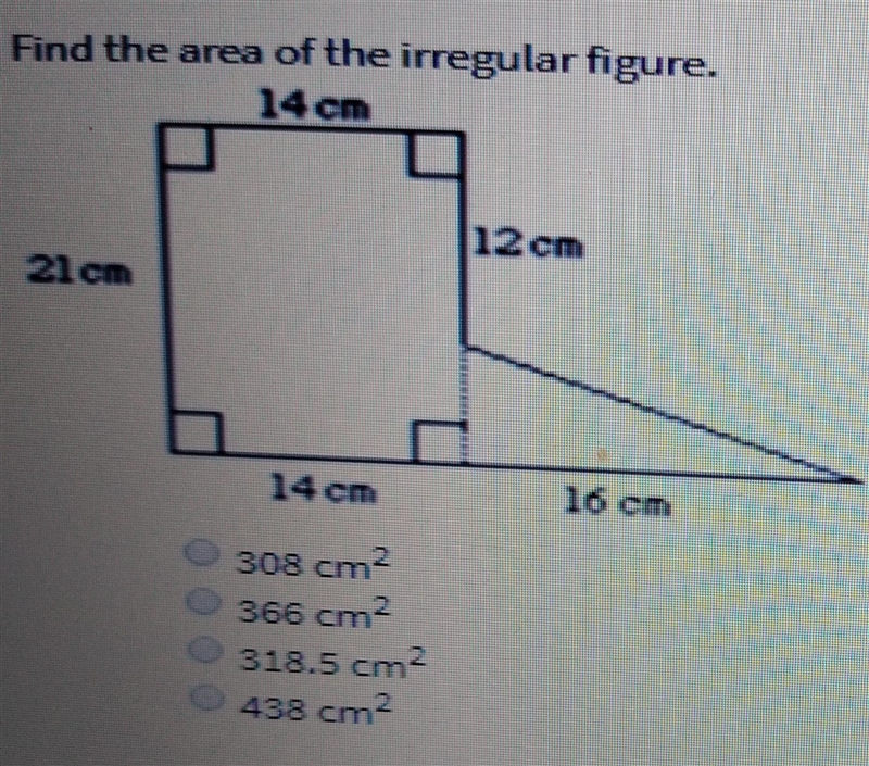 Find the area of the irregular figure-example-1