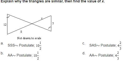 Explain why the triangles are similar, then find the value of x.-example-1